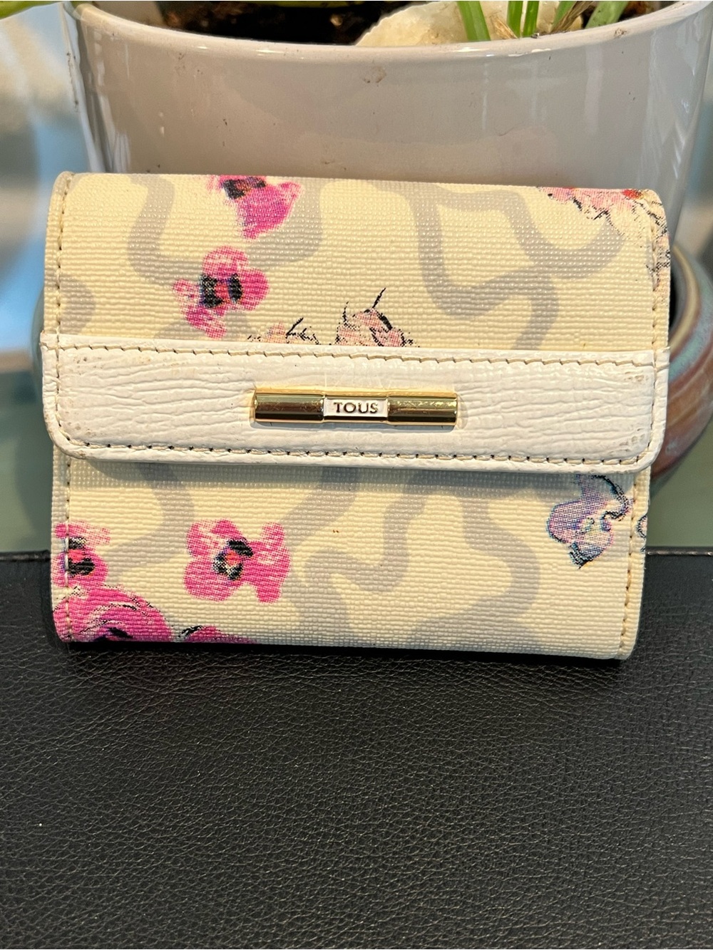 TOUS Cream Wallet with Pink Floral Accents and Gold Logo